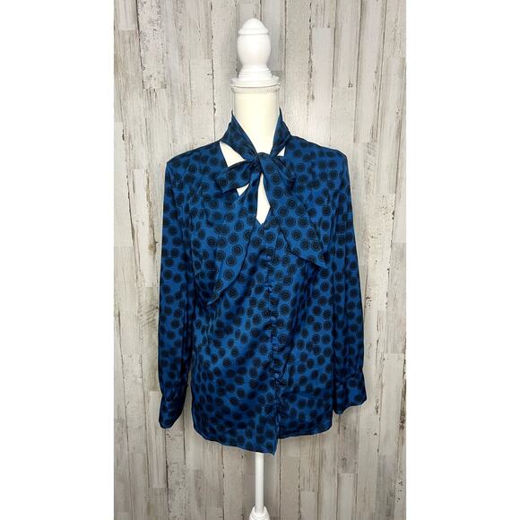 Banana Republic Petite Women's Bow Tie Neck‎ Blouse Blue Size Large - Picture 1 of 5